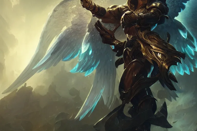 Image similar to amazing portrait of archangel micheal, league of legends splash art, deiv calviz, splash art, natural light, elegant, intricate, fantasy, atmospheric lighting, by greg rutkowski, league of legends splash art, hd wallpaper, ultra high details