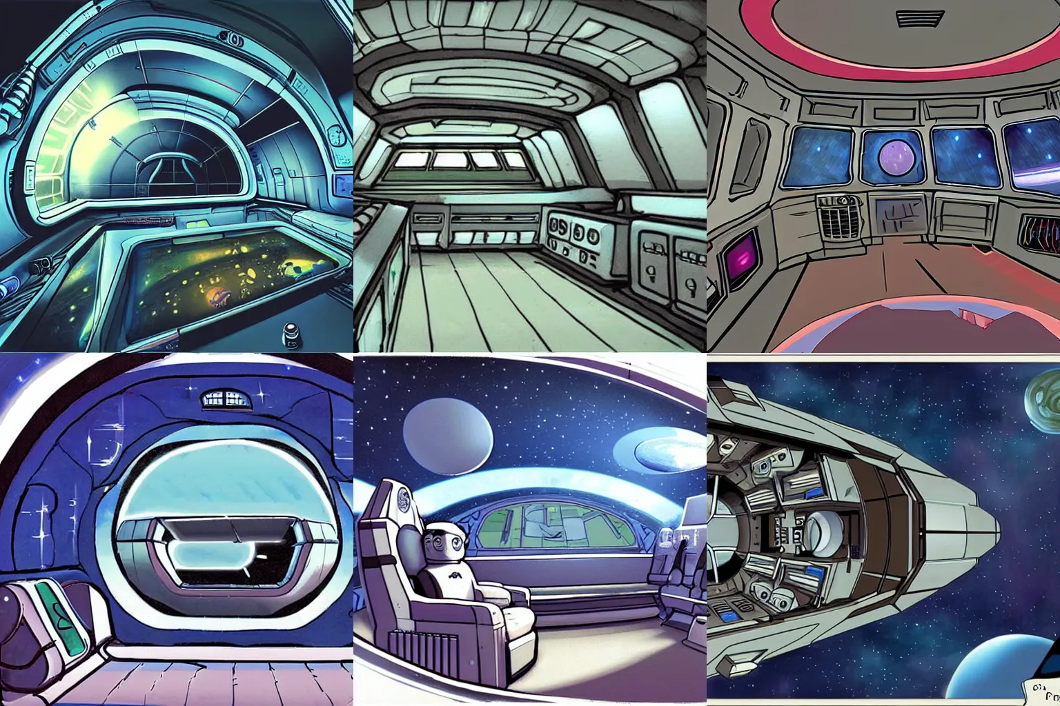 Prompt: Concept art of inside an large passenger space cruiser, from a space themed Serria point and click 2D graphic adventure game, made in 1999, high quality graphics