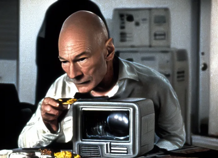 Prompt: a scene from a 1 9 8 2 s halloween iii, patrick stewart is eating from a can of beans, vhs distortion, cathode ray tube distortion, folk horror, hauntology, 8 k, 8 5 mm f 1. 8, studio lighting, rim light, right side key light
