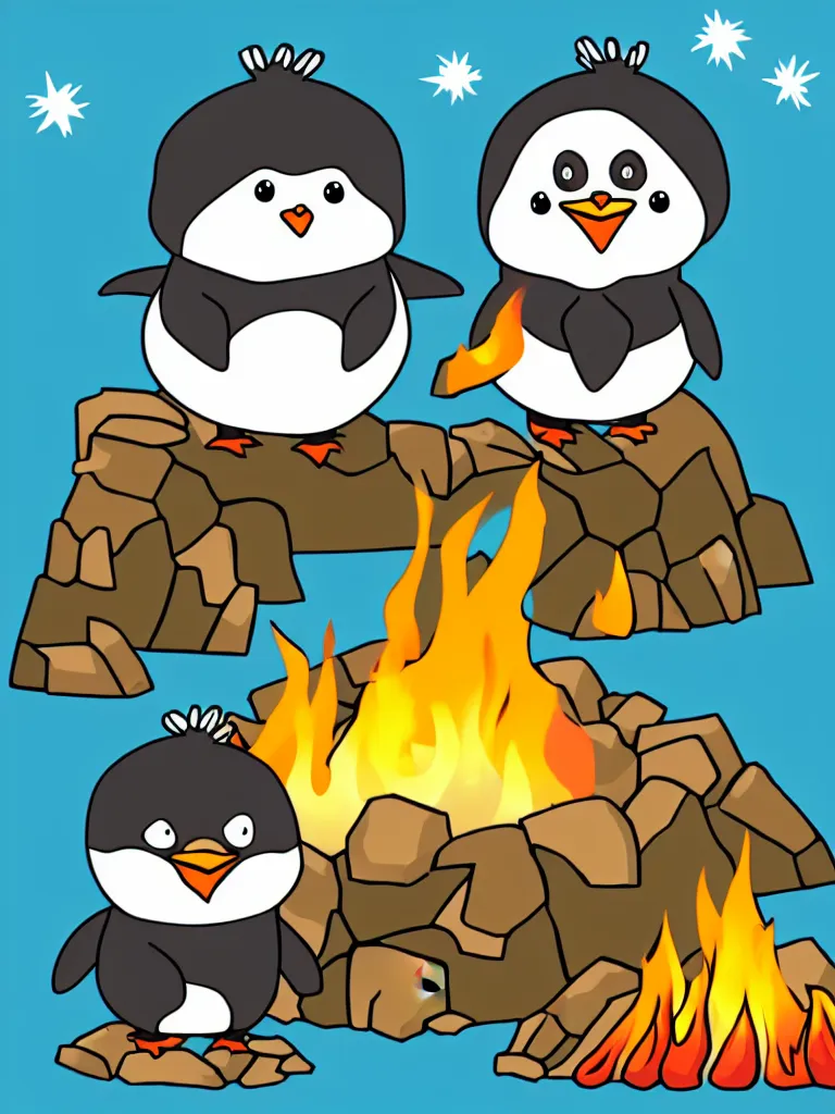 Image similar to vector graphic drawing of a two happy cute chibi penguins sitting around a campfire, artstation