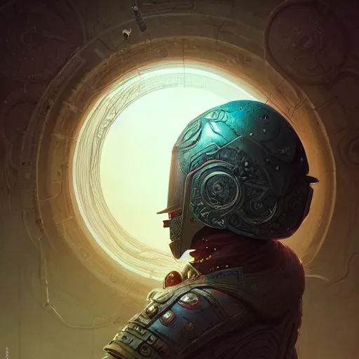 Image similar to professional ominous concept art portrait of a character with a mandala helmet by artgerm and greg rutkowski. an intricate, elegant, highly detailed digital painting, concept art, smooth, sharp focus, illustration, in the style of simon stalenhag, wayne barlowe, and igor kieryluk.