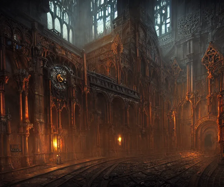 Image similar to steam necropolis, memento mori, gothic, neo - gothic, art nouveau, hyperdetailed copper patina medieval icon, stefan morrell, philippe druillet, ralph mcquarrie, concept art, steampunk, unreal engine, detailed intricate environment, octane render, moody atmospherics, volumetric lighting, ultrasharp, ominous, otherworldly