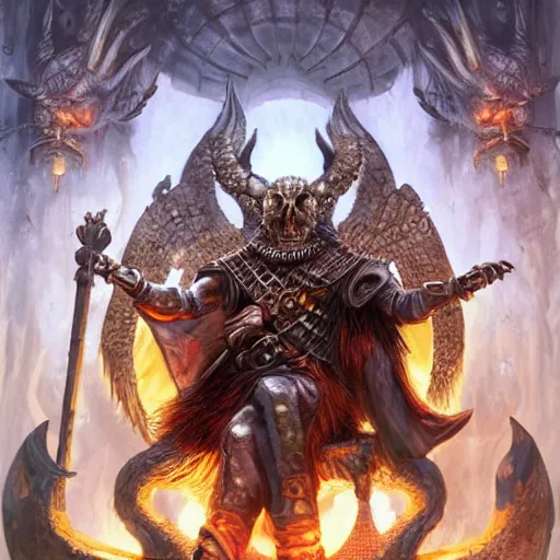 Image similar to Turkey, Anthropomorphized, as warlord general sitting on skull throne, magic the gathering artwork, D&D, fantasy, cinematic lighting, centered, symmetrical, highly detailed, digital painting, artstation, concept art, smooth, sharp focus, illustration, volumetric lighting, epic Composition, 8k, art by Akihiko Yoshida and Greg Rutkowski and Craig Mullins, heroic pose, oil painting, cgsociety, Battlefield background, explosions, arrows