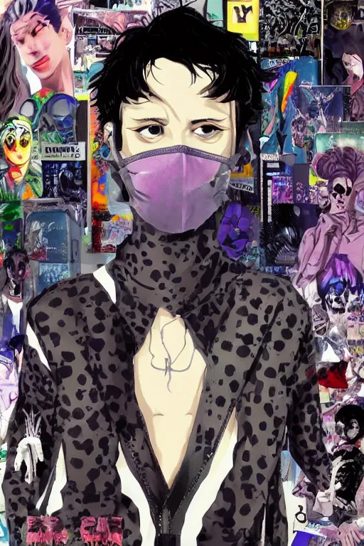 Prompt: a skinny goth guy wearing a face mask standing in a cluttered 9 0 s bedroom, full body character concept art, vaporwave colors, hirohiko araki art, inio asano art,