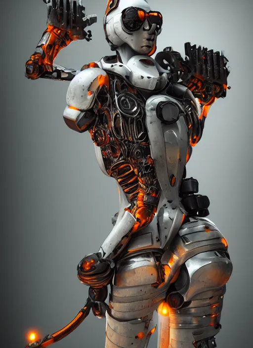 Image similar to mercenary soldier by vitaly bulgarov, octane render, biomechanical, cyborg, white and orange, steampunk, cyberpunk, intricate detail, backlit