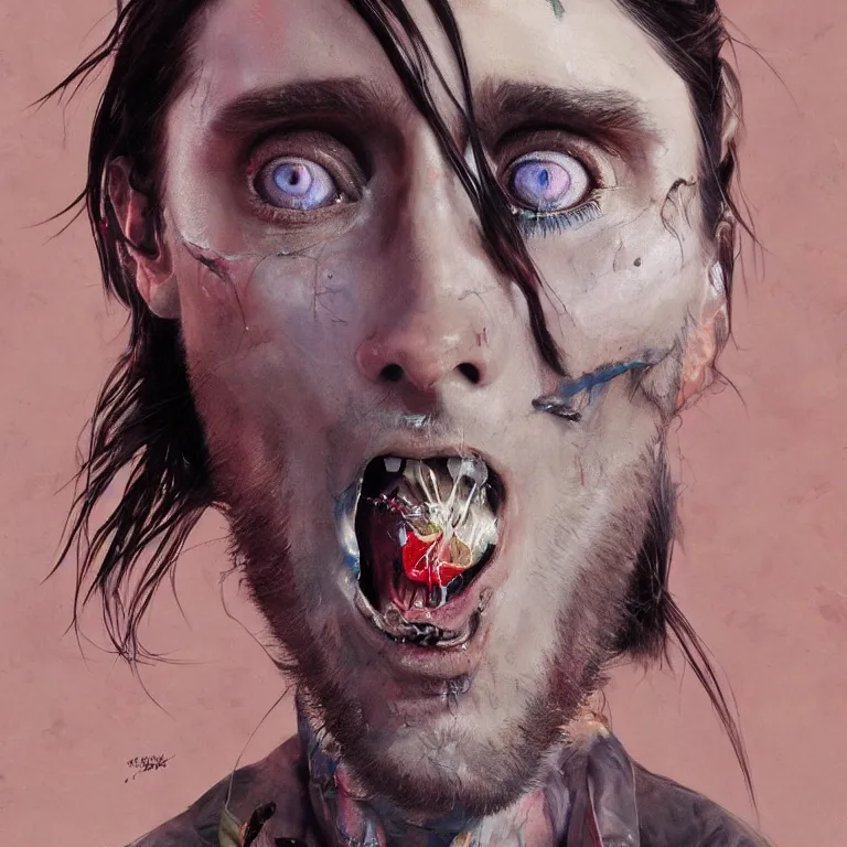 Prompt: screaming jared leto in the style of adrian ghenie, 3 d render, face close up, esao andrews, jenny saville, surrealism, dark art by james jean, ross tran