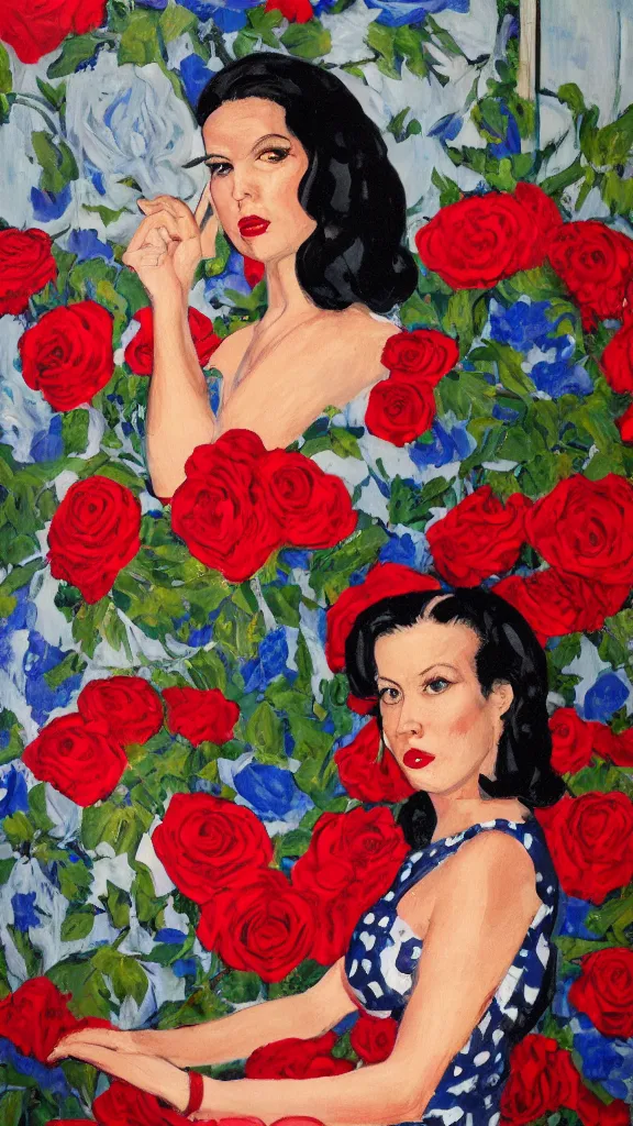 Image similar to portrait of rebekah delrio in lynch pattern dress beside of a big persian detailed pot of red roses, blue and red lights, mulholland drive, painted by egon sheile