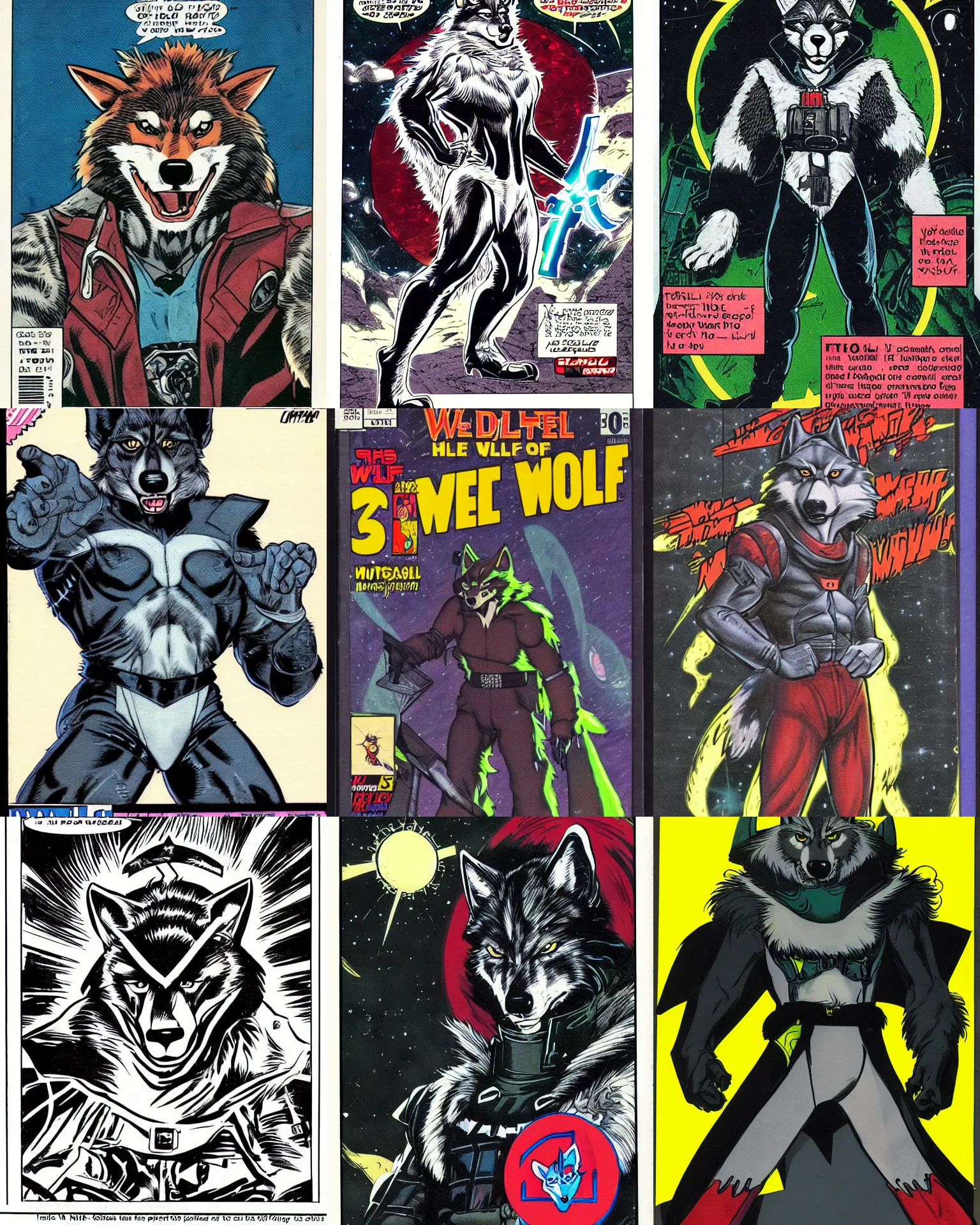 Prompt: 1 9 8 0 s comic book art scan featuring a portrait of villain male wolf o'donnell anthropomorphic wolf furry fursona from starfox wearing a dark space mercenary uniform, dark grey wolf, handsome eyes, wolf o'donnell