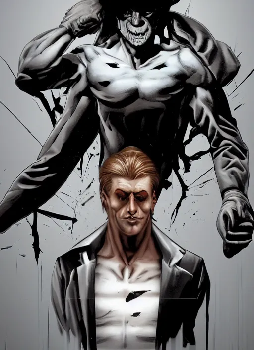 Image similar to aesthetic digital illustration of a solitary handsome young killer standing in an empty white room by brian bolland, rachel birkett, alex ross, and neal adams | sinister, dangerous, character concept, concept art, unreal engine, finalrender, centered, deviantart, artgerm