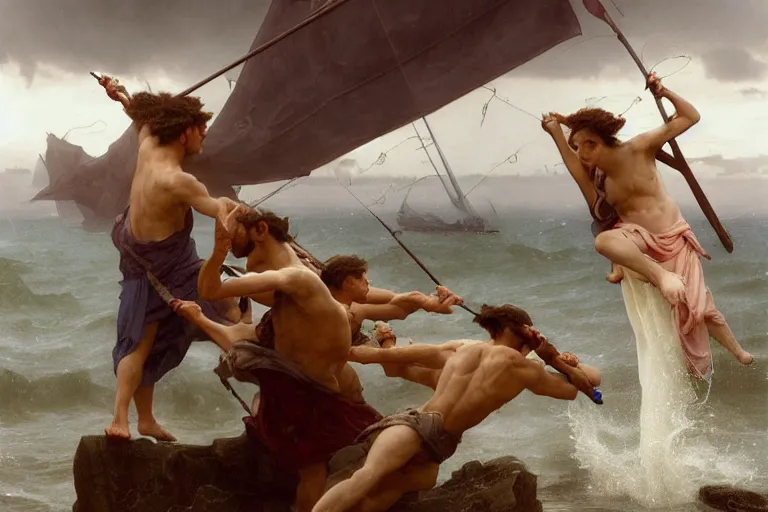 Image similar to ancient historically accurate depiction of Bible Character walking on water during a storm, a small fishing sailboat with scared sailors on board, dramatic lighting by frank miller, illustration by Ruan Jia and Mandy Jurgens and William-Adolphe Bouguereau, Artgerm, 4k, digital art, surreal, space dandy style, highly detailed, godsend, artstation, digital painting, concept art, smooth, sharp focus, illustration by Ruan Jia and Mandy Jurgens and William-Adolphe Bouguereau, Artgerm