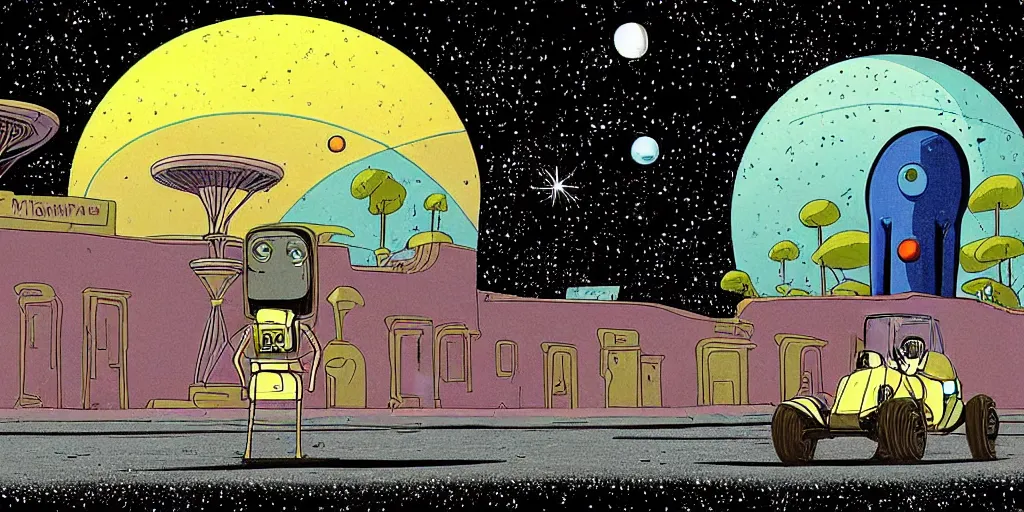 Image similar to traditional drawn colorful animation a car solo stranger with sad face pacing to valley symmetrical architecture on the ground, space station planet afar, planet surface, ground, rocket launcher, outer worlds extraterrestrial hyper contrast well drawn Metal Hurlant Pilote and Pif in Jean Henri Gaston Giraud animation film The Masters of Time FANTASTIC PLANET La planète sauvage animation by René Laloux