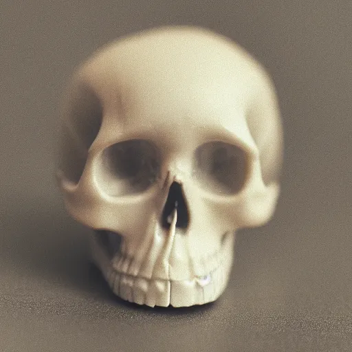 Image similar to a tiny, pristine white human Skull, plain black background, close-up macro photography, bokeh, shallow focus