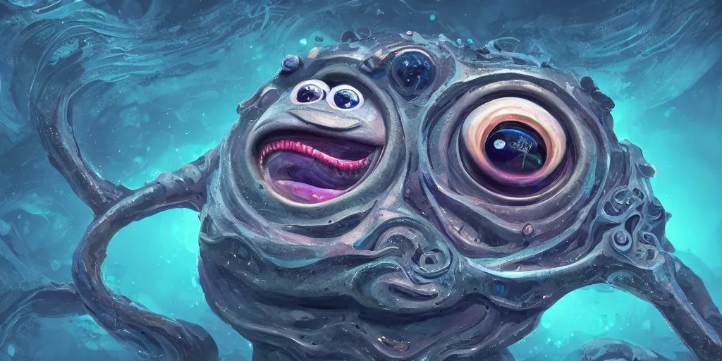 Image similar to of an intricate deep sea with strange cute friendly happy creatures with huge eyes, long tongue, round teeth and goofy funny face, appearing from the background, in the style of gehry and gaudi, macro lens, shallow depth of field, ultra detailed, digital painting, trending artstation, concept art, illustration, cinematic lighting, photorealism, epic, octane render