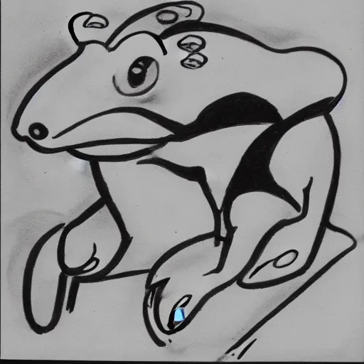 Image similar to drawing from 1 9 2 0's disney animation, white paper, black & white, frog rabbit on a table, antler