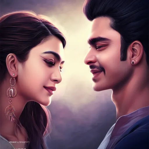 Prompt: perfectly centered symmetrical split male and female portrait of bollywood man and woman in love sharing one heart ; art by artgerm, photorealistic, highly detailed ; trending on artstation ; portrait by wlop