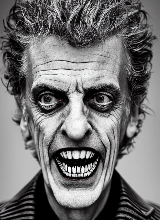 Prompt: photo of Peter Capaldi as the Joker by Lee Jeffries and Eolo Perfido, big smile, head shot, detailed, award winning, Sony a7R