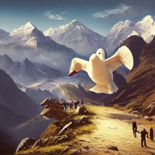 Prompt: Crowd surrounds giant duck flying over mountains, mountain landscape, Himalayas, 4k, art by Greg Rutkowski