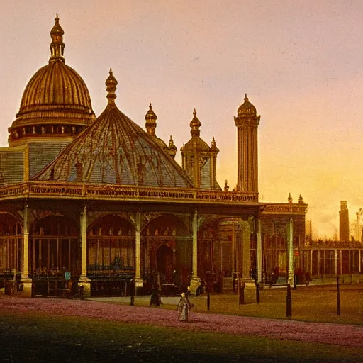 Image similar to a color photograph of the crystal palace, london exhibition of 1 8 5 1, golden hour,