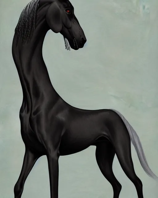 Prompt: painting of hybrid between black weimaraner & black stallion horse! & intercrossed animal, by mattias adolfsson, by tiffany bozic, cold hue's, concept art, single object scene, beautiful composition, 8 k, digital painting