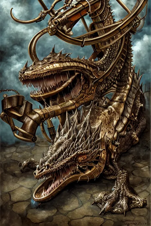 Image similar to hyper realistic old dying dragon lying down with steam punk apparatus on its back, white background, full frame, art byjon foster