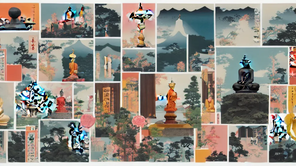 Image similar to an arrangement of buddhism traveller props, japan, a collage painting, in the style of wes anderson, lola dupre, david hockney, isolated on negative white space background dark monochrome neon spraypaint accents volumetric octane render