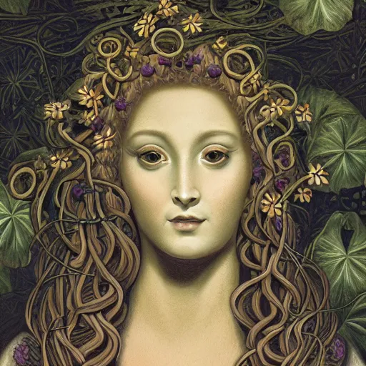 Image similar to detailed, portrait of medusa, surrounded by lotus flowers and geometry