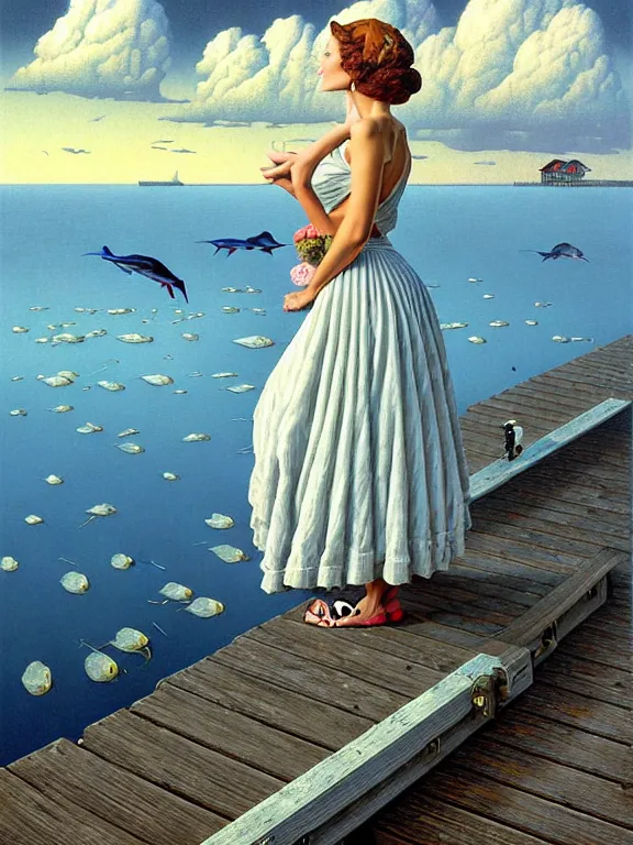 Prompt: a fancy beautiful woman standing on a wharf at the edge of a cold sea by rob gonsalves and vladimir kush and ruth deckard and gil elvgren and harry ekman and george petty and hilo chen and norman rockwell, crisp details, hyperrealism, high detail, high contrast, low light, grey mist, cobblestones, dim lantern