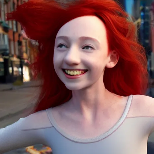 Image similar to a girl with a giant smile:: red hair:: pale skin:: wearing ballet clothes:: holding a wide sword:: standing in a busy street:: in New York city:: wide angle:: full body:: long shot:: volumetric lighting:: cinematic:: 8K:: octane render:: trending on artstation:: hyper realistic:: photo realistic:: by gregory crewdson