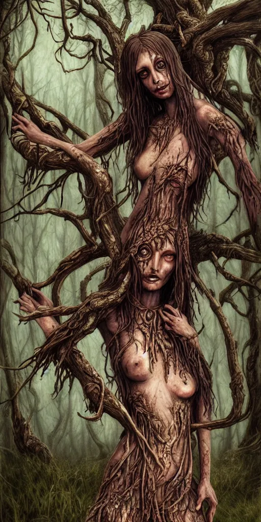 Prompt: dryads, bark skin, detailed fantasy art, dark blood horror, forest of the dead, foul spirits