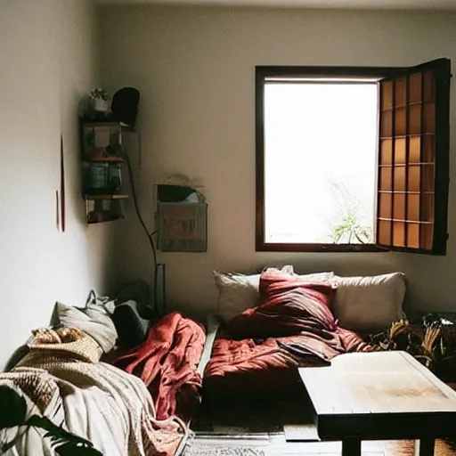 Prompt: cozy asian home, ambient, moody, couple, tiny