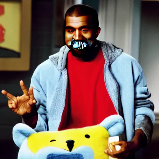 Image similar to kanye west smiling holding pikachu for a 1 9 9 0 s sitcom tv show, studio photograph, portrait c 1 2. 0