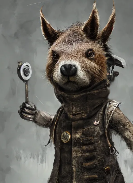 Image similar to detailed full body concept art illustration, dark soft focus, plague style oil painting on canvas of an anthropomorphic capybara doctor in full intricate clothing, biomutant, dystopian, micro detail, octane render, 4K