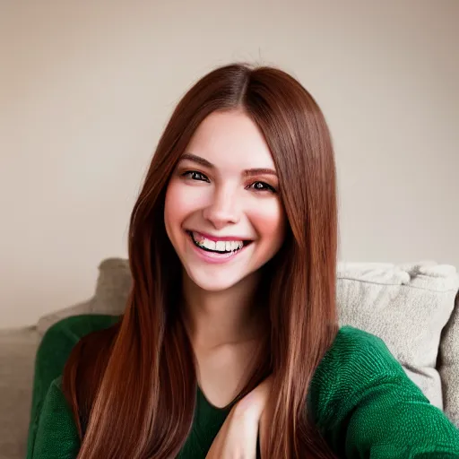 Image similar to Render of a cute 3d young woman smiling, long shiny bronze brown hair, full round face, emerald green eyes, medium skin tone, light cute freckles, smiling softly, wearing casual clothing, relaxing on a modern couch, interior lighting, cozy living room background, medium shot, mid-shot, soft focus, trending on Artstation, Unreal Engine 5 , 4k, professional photography, Portra 400