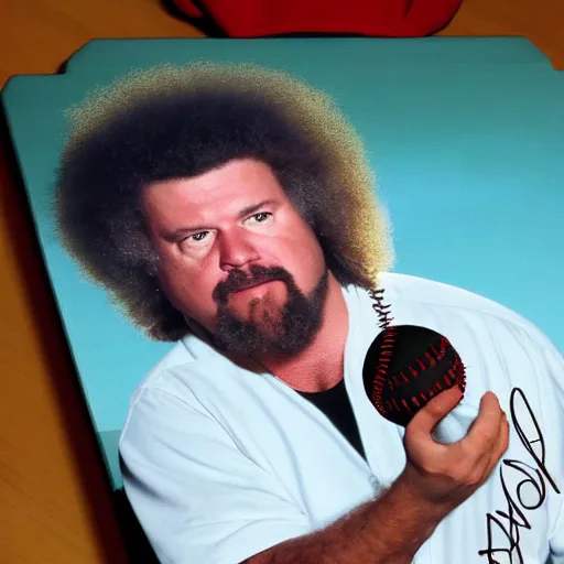 Image similar to a closeup photorealistic photograph of bob ross working on an image of kenny powers autographing a baseball on a canvas. mountains and trees. film still. brightly lit scene. this 4 k hd image is trending on artstation, featured on behance, well - rendered, extra crisp, features intricate detail, epic composition and the style of unreal engine.