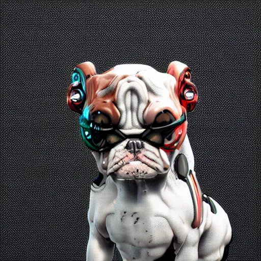 Image similar to « a cyborg bulldog sitting down, cyberpunk art by grillo demo, cgsociety, computer art, future tech, made of liquid metal, sketchfab »