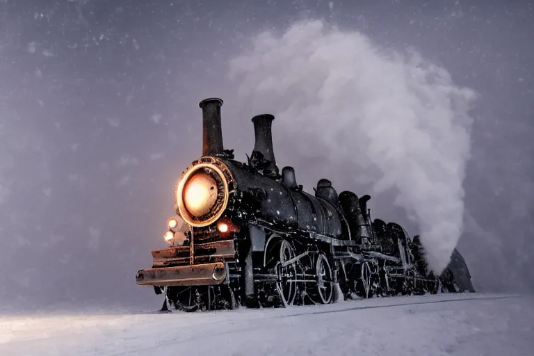 Prompt: an old steam engine is rushing through the snow storm in high speed, white steam on the side, and dark smoke with fire from the pipes, dynamic angled shot, low angle, wide shot, speed lines, fire particles and snowflakes everywhere, 8k, hyperrealistic, ultra sharp, octane render, unreal engine, light breaks through the sky, epic mountains in the background, artstation, very detailed, 16k, cinematic scenery,