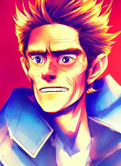 Image similar to young anime willem dafoe portrait illustrated by rossdraws, vivid colors, soft lighting, digital artwork 4 k, best of artstation