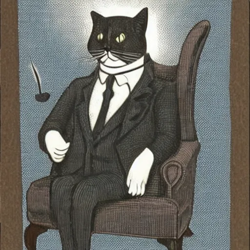 Image similar to a distinguished cat in smoking on armchair with a monocle in a room full of books