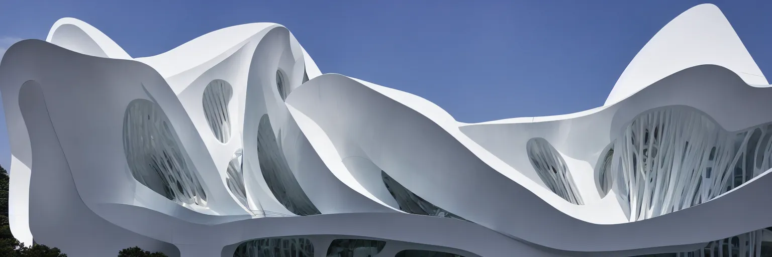 Prompt: photography of the white house designed by Zaha Hadid, frontal view, evening, architecture award winning, concept