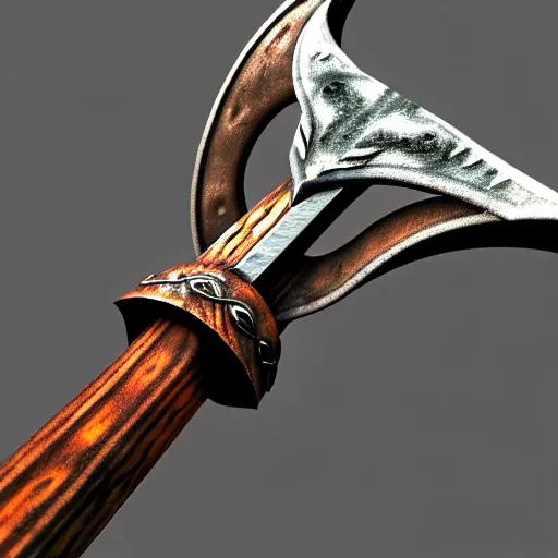 Prompt: Viking Battleaxe, Two Blades, Handle looks like a tree, blades bare the image of a wolf upon them, 3D render, fantasy weapon