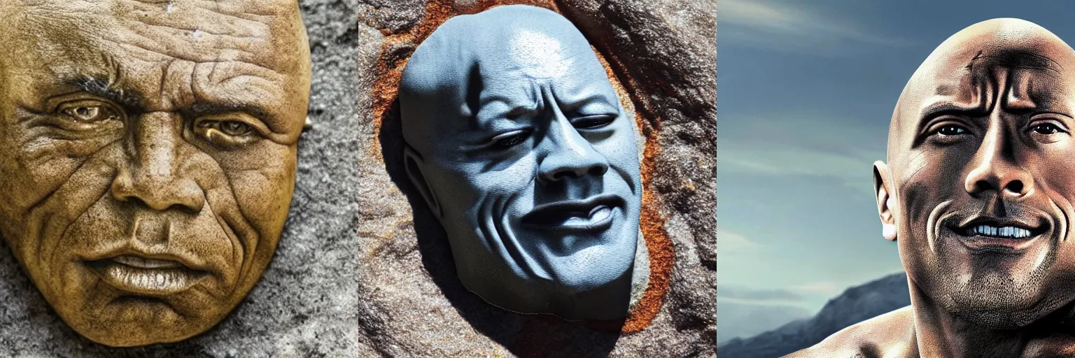 Prompt: a rock depicting Dwayne Johnson