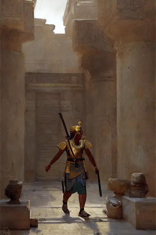 Prompt: an ancient egyptian palace guard walking through the egyptian courtyard by anders zorn, wonderful, masterpiece by greg rutkowski, beautiful cinematic light, by greg manchess, jessica rossier