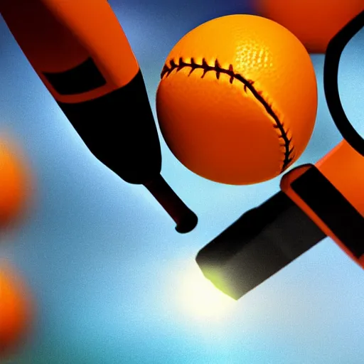 Prompt: high speed photograph of basebal bat hitting an orange, photograph, 1 0 0 0 fps, extremely detailed, photorealistic