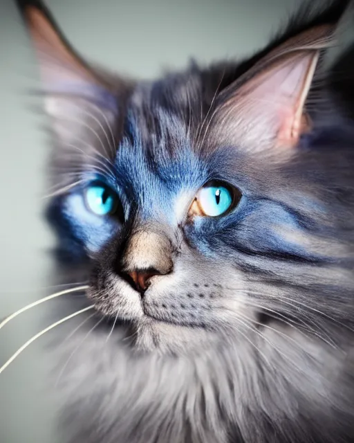 Prompt: An extremely beautiful studio photo of a blue Maine Coon cat (it\'s a cat whose fur is blue), bokeh, 90mm, f/1.4