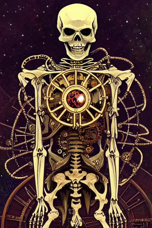 Prompt: a steampunk skeleton holding a star, tarot art, painting by greg rutkowski, alphonse mucha