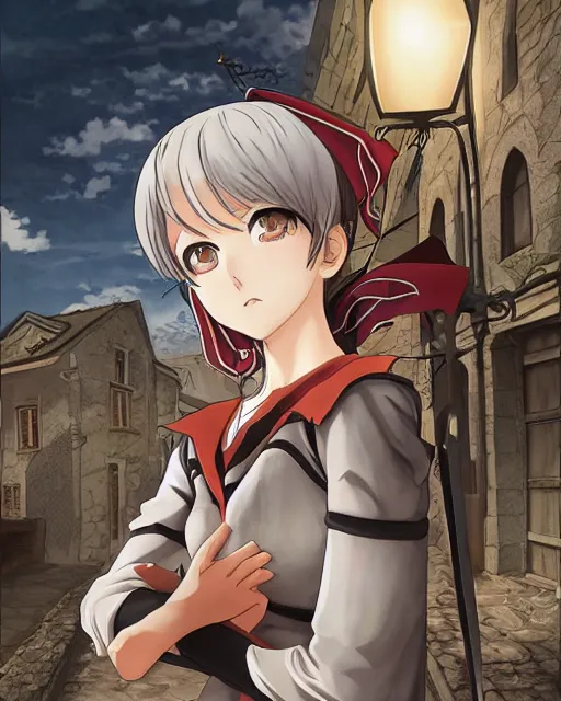 Image similar to key anime visual portrait of a young female walking through a medieval village, perfect anime face, dynamic pose, dynamic perspective, detailed silhouette, detailed, intricate, face by murata range