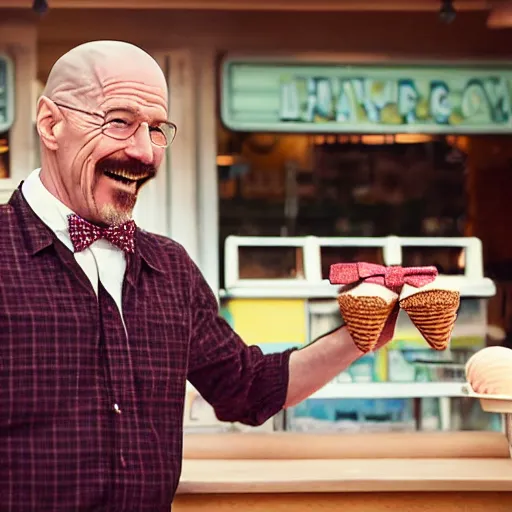 Prompt: a movie still of a happy Walter White wearing a bow tie and selling ice cream at an ice cream store