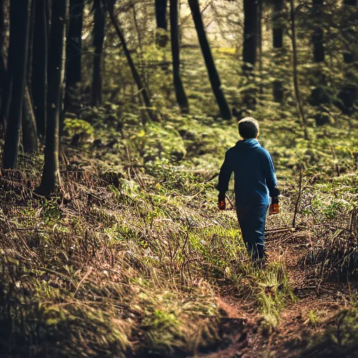 Prompt: Portrait of a young man looking for mushrooms. Deep shadows and highlights. f/2.0 ISO 800. Shutter speed 1/120 sec. Lightroom.