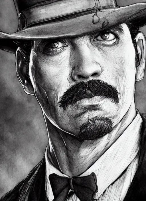 Image similar to portrait, Doc Holiday from Tombstone, watercolor, dramatic lighting, cinematic, establishing shot, extremely high detail, foto realistic, cinematic lighting, pen and ink, intricate line drawings, by Yoshitaka Amano, Ruan Jia, Kentaro Miura, Artgerm, post processed, concept art, artstation, matte painting, style by eddie mendoza, raphael lacoste, alex ross