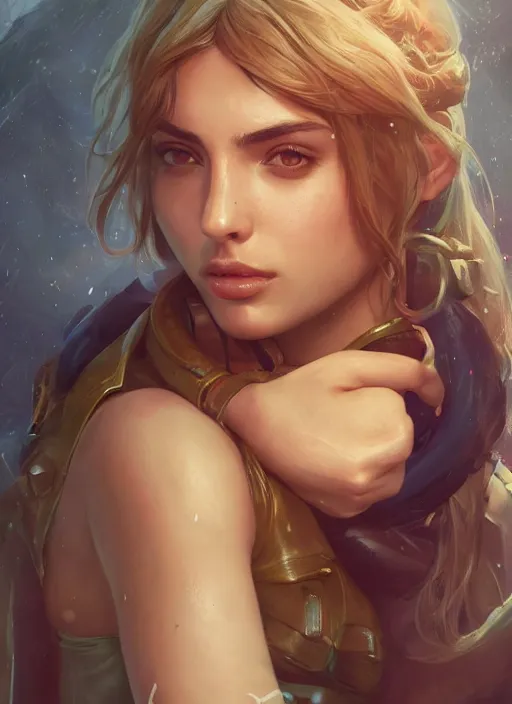 Image similar to ana de armas, from league of legends, hyper detailed, digital art, trending in artstation, cinematic lighting, studio quality, smooth render, fluorescent skin, unreal engine 5 rendered, octane rendered, art style by klimt and nixeu and ian sprigger and wlop and krenz cushart